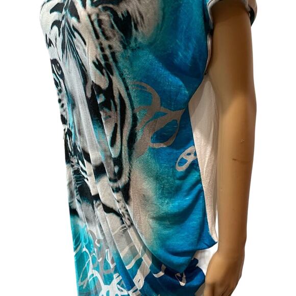 KRIZIA turquoise tiger print short asymmetrical sleeve women’s small dress - Picture 2 of 7